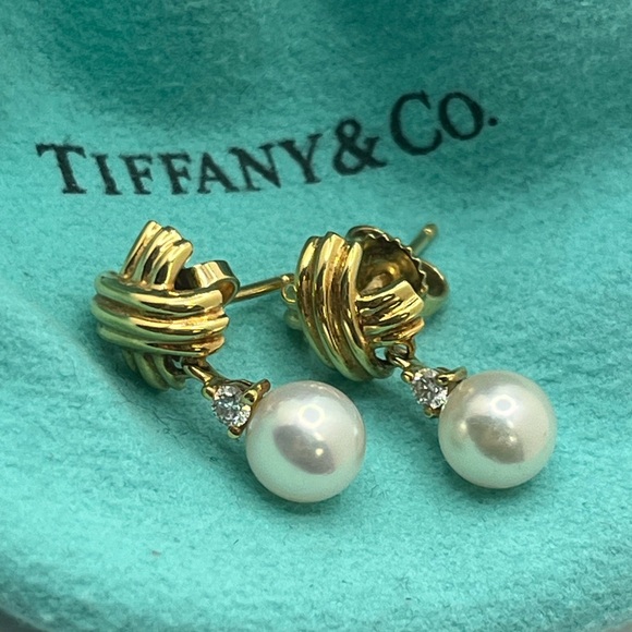 Tiffany & Co. Jewelry - Tiffany & Co. 18K Yellow Gold Natural Pearl Diamond Earrings